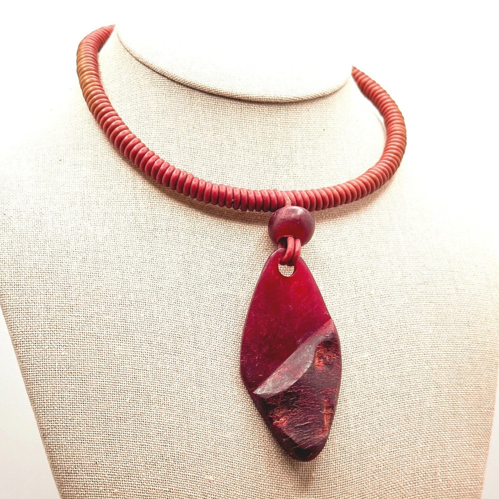 Burgundy Oxblood Carved Resin Choker Coil Cord Necklace‎ Artisan Crafted Pendant
